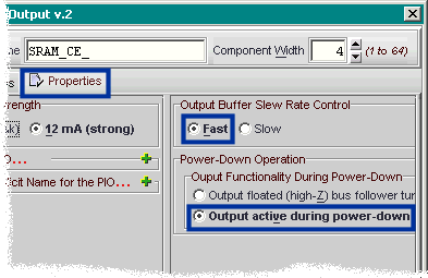 Choose the Fast output option for best performance.  Be sure that the SRAM CE# pins are held High when in power-down mode.