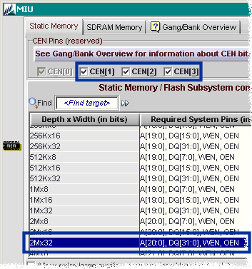 Enable all the chip-enable signals.  Set the depth and width of the external memory interface.