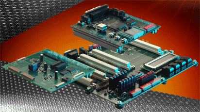 The Triscend graphic LCD interface board (left) plugs into an expansion slot on the E5 Development Platform base board.