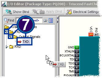 Expand "TXD" and "Output Signals".  Click and hold the mouse button on the TXD output.  Drag the output to the desired PIO pin and then release the mouse button.