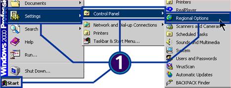 Click "Start --> Settings --> Control Panel --> Regional Options".